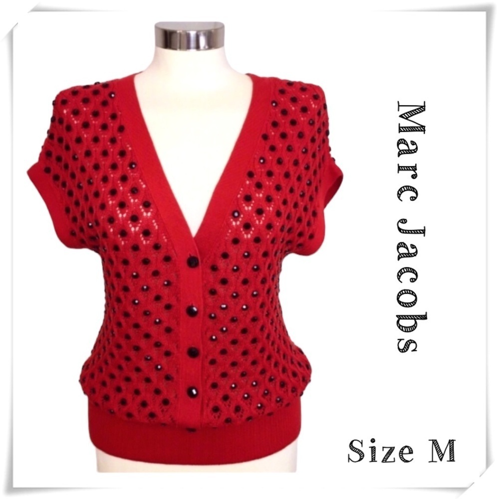 MARC by Marc Jacobs Wove Dots Button Blend Silk Knit  Sweater in Red